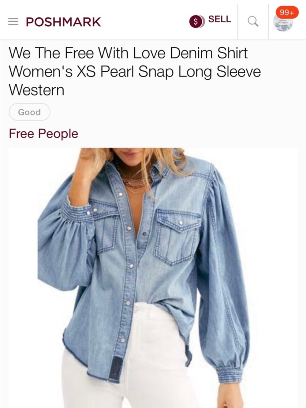 Free People Light Blue Denim Pearl Snap Western Shirt with Balloon Sleeves